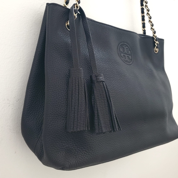 Tory Burch Black Leather Britten Triple Compartments Chain Strap Tote Bag - Picture 4 of 13